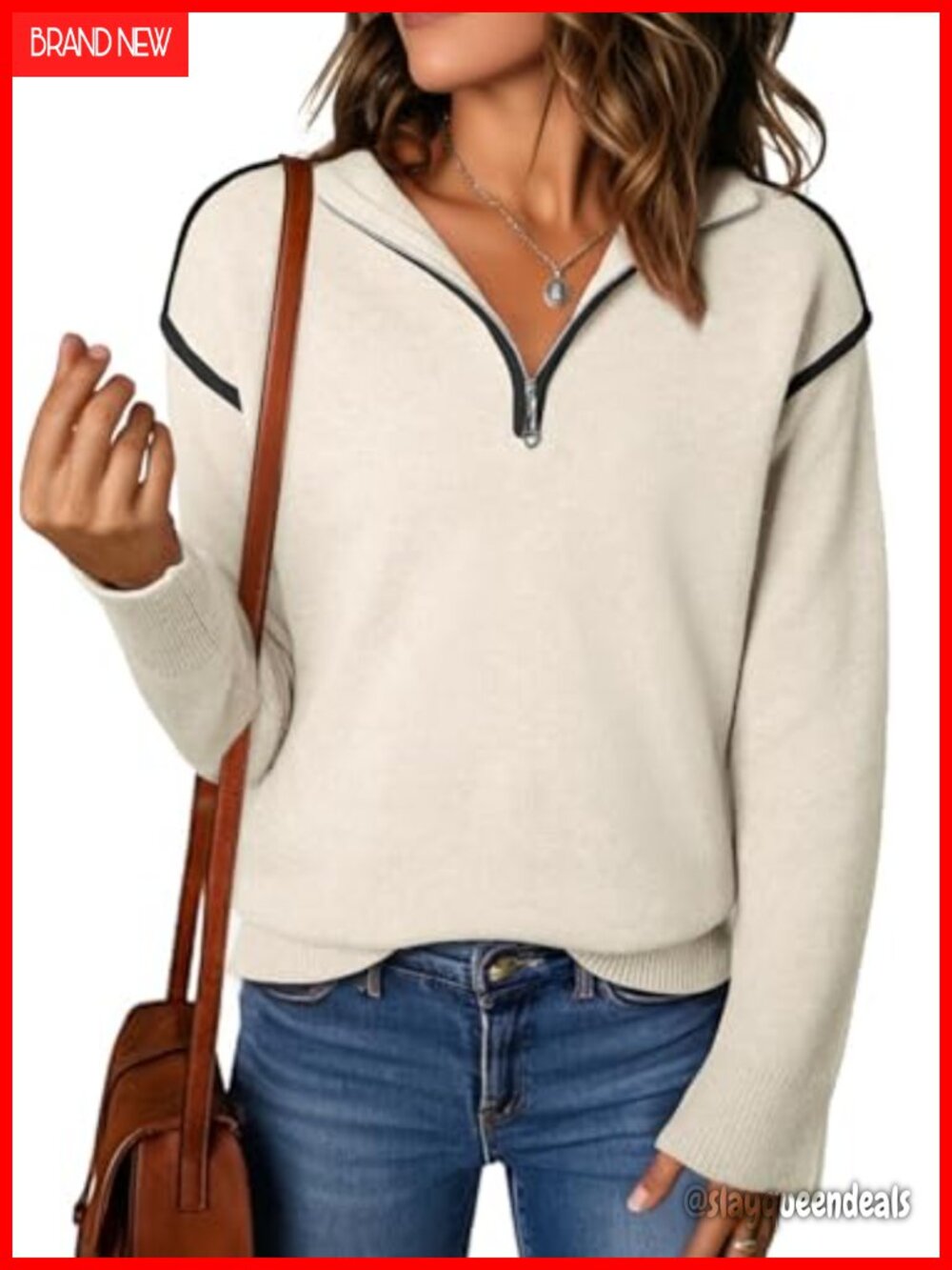 EVALESS Womens 1/4 Zip V-Neck Ribbed Knit Pullover Sweater Long Sleeve